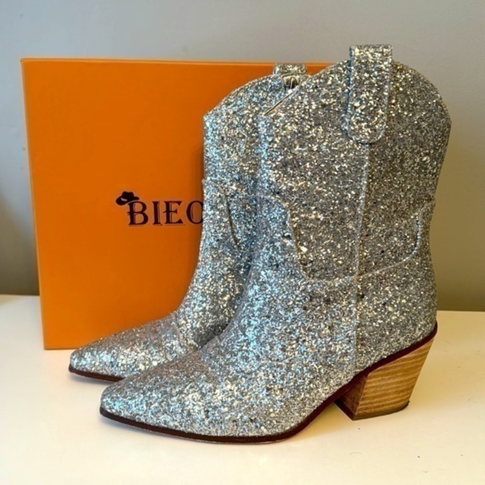 Bieosnli Rhinestone Boots Western Mid Calf Pointed Toe 5cm heel  sz 6
